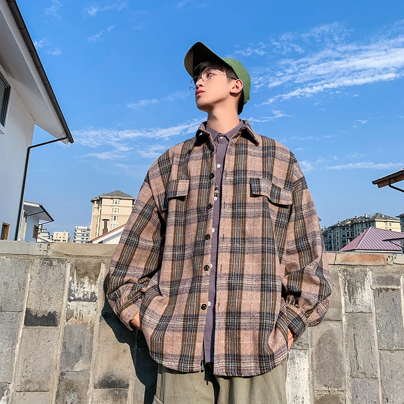 Толстая рубашка в клетку Мужская модная Повседневная с длинными рукавами