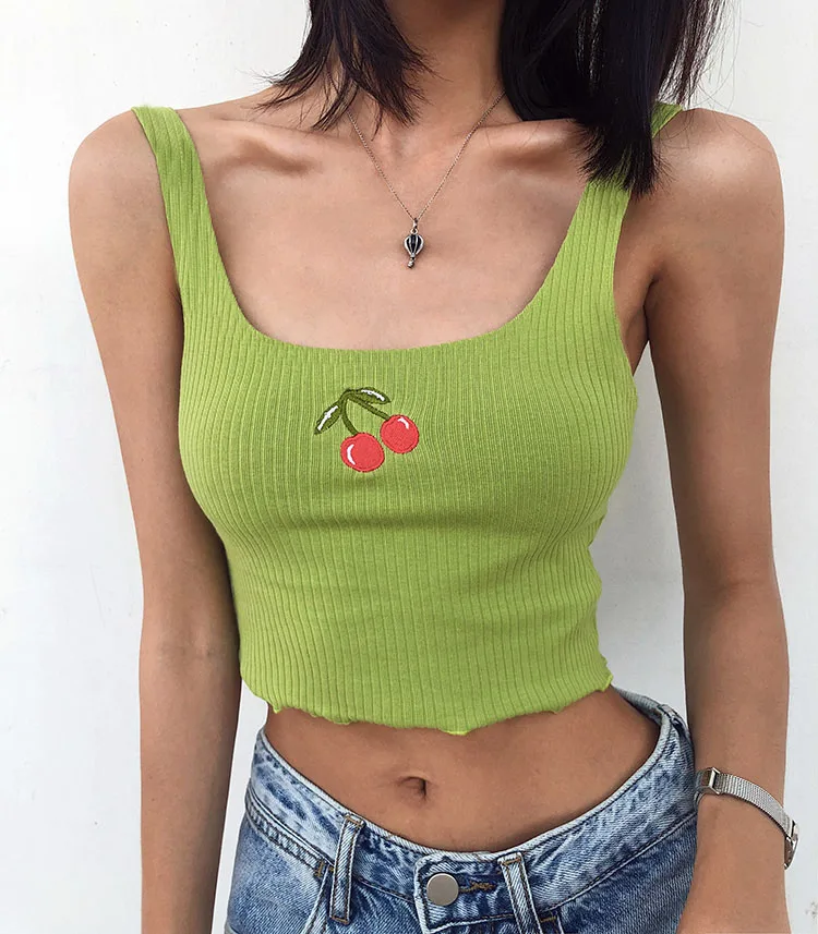 

HELIAR Women Cherry Printed Crop Tops Tank Tops Fashion Basic Crop Tops Women Strappy Ribbed Beach Crop Tops 2021 Summer
