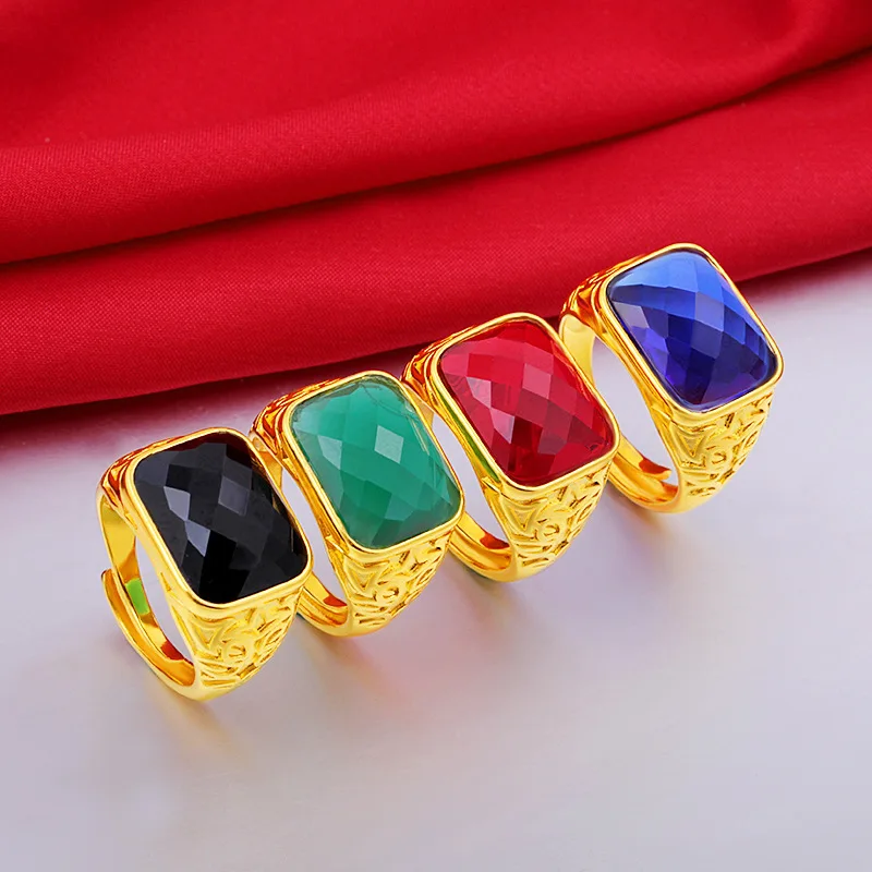 

24K Gold-plated Color Ring Men 2021 New Vietnam Sand Gold Ring Adjustable Ring with Sapphire and Ruby Opening Luxury Jewelry