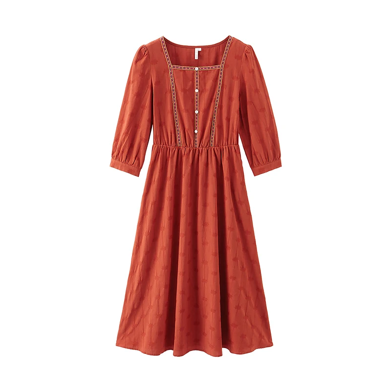 

INMAN Spring Women's Dress Wavy Retro Literary Style Embroidered Jacquard Square Collar Button Middle Sleeves One-Piece Clothing