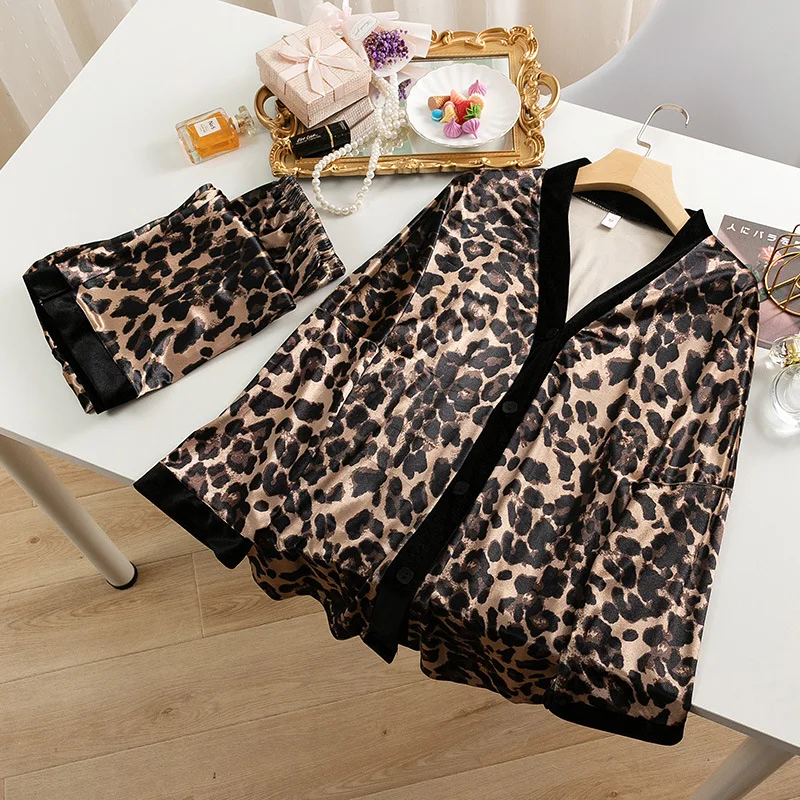 Leopard Print Pajamas Women's Suit Spring and Autumn Long-sleeved Trousers Suit Houndstooth Gold Velvet Homewear Loose