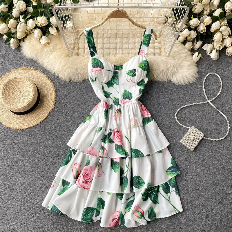 

Ladies Elegant Printed Printed Dress Summer New Slim Short Multi-layer Ruffled Holiday Sling Skirt