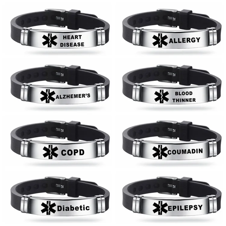 New Classic Medical Alert ID Silicone Bracelet Jewelry ICE Emergency Bangles Wristband for Men Women Child TYPE 1 and 2 Diabetes images - 6