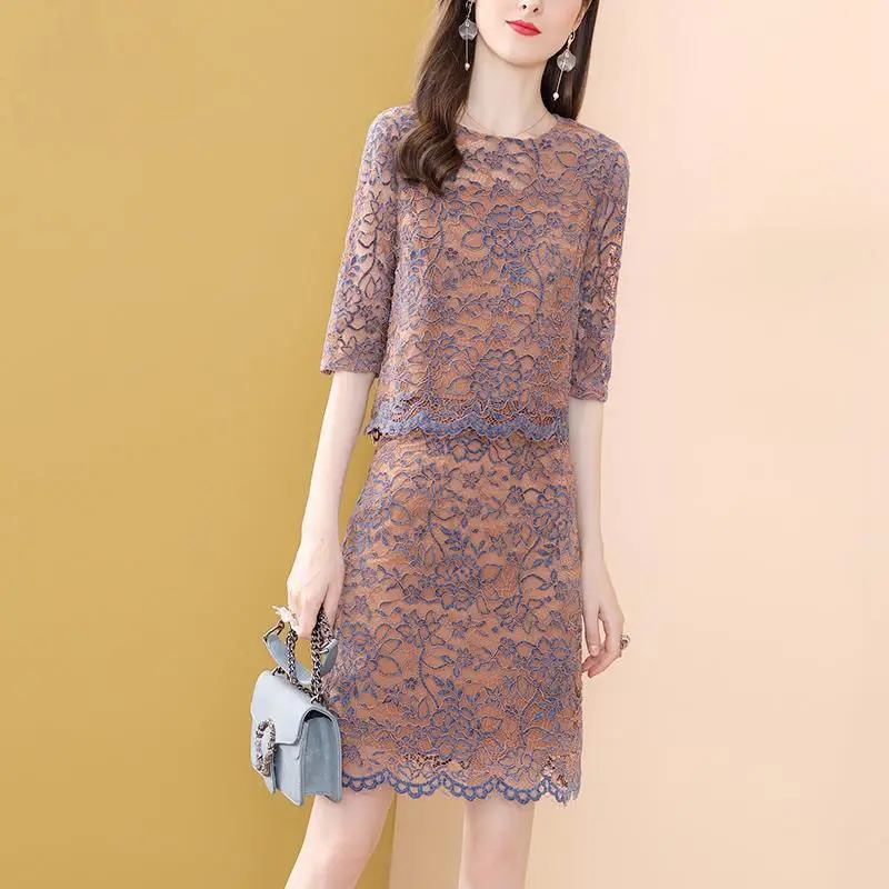 

Women's Spring Summer Style Dress / Suit Women's Two Pieces Set Patchwork Half Sleeve Lace Elegant Slim Dress AA3274