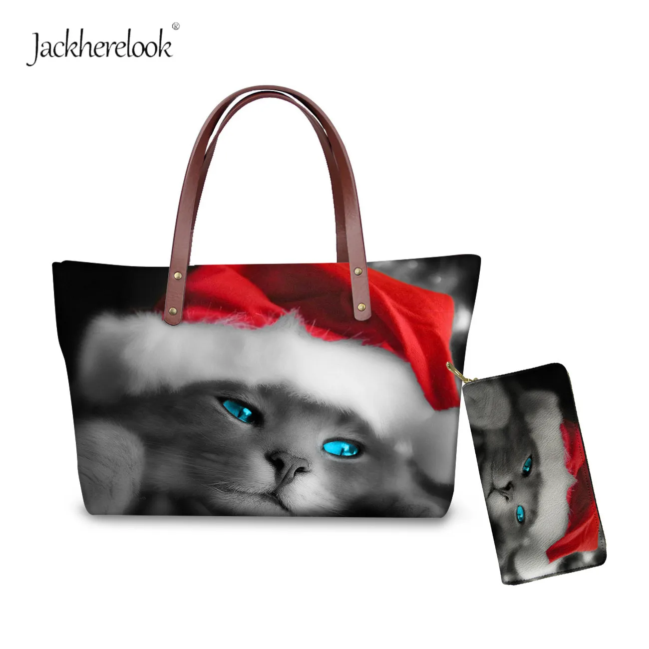 

Jackherelook Christmas Cat Dog Printed Handbag and Purse 2Pcs Halloween Pussycat Tote Wallet Women Top-Handle Bags & Wallets set