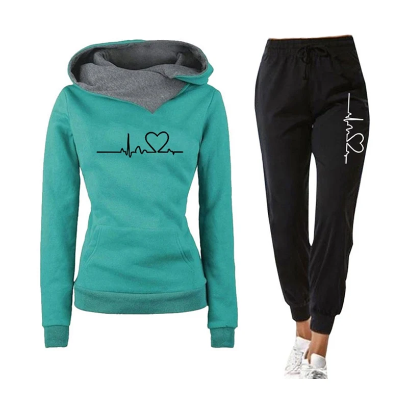 

2020 Women Tracksuit Pullovers Hoodies and Black Pants Spring Autumn Suit Female Solid Color Casual Full Length Trousers Outfits