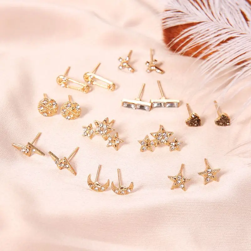 

9Pcs Bohemian Cross Heart Stars Moon Gold Square Earring Honeymoon Crystal Stud Earrings Kit for Women Fashion Jewelry