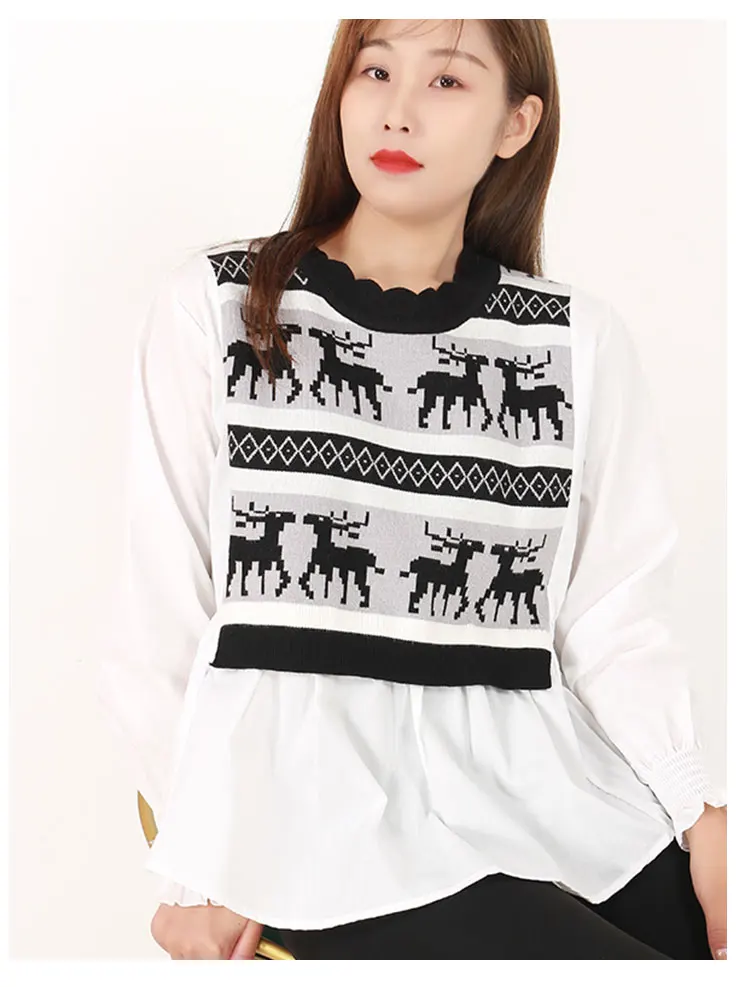

Sweet Knitted Long Sleeved False Two Piece Korean Autumn Elegant Fashion Blouses And Tops Women'S Shirt Clothing 2021 Female