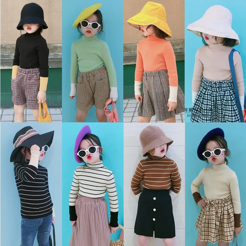 Зимние Модные вязаные свитера в полоску с высоким воротником для девочек Теплые