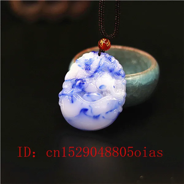 Ожерелье с подвеской в виде дракона из натурального белого и синего нефрита