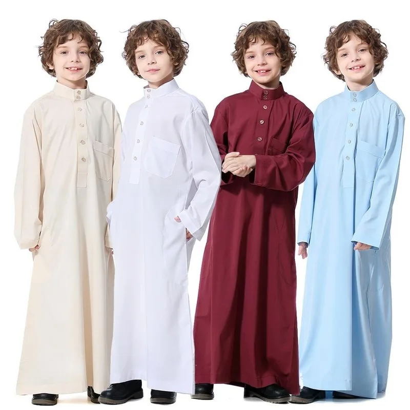 4Color Muslim Pakistan Islamic Abaya Clothing For Boys Saudi Arabia Turkish Jubba Thobe Eid Mubarak Prayer Caftan