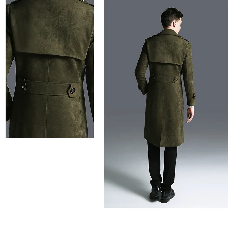 Plus Size Winter Long Jacket Men Suede Windbreaker Mens Black Leather Trench Coat Slim Cloak Male Outerwear Long Coat 5XL 6XL
