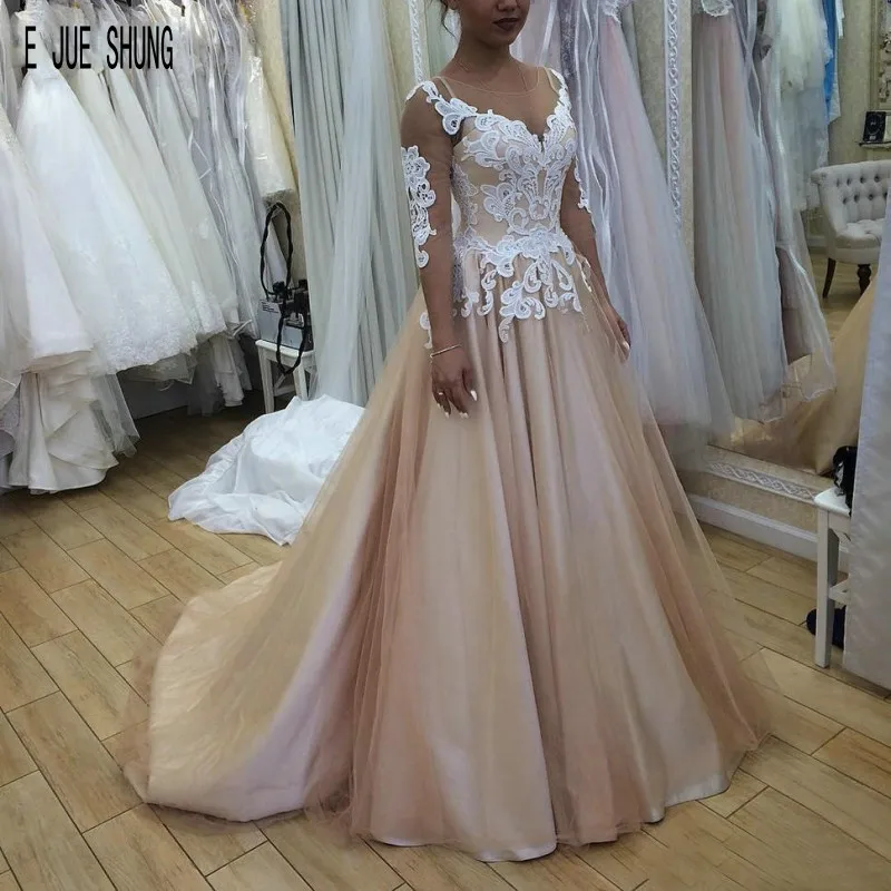 

E JUE SHUNG Custom Champagne Wedding Dresses Scoop Neck Long Sleeves Backless Bridal Gowns Lace Appliques Vestido De Noiva