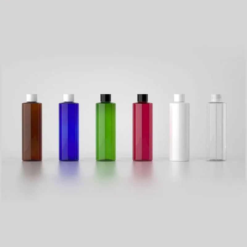 250ML 48 adet amber mavi beyaz temizle yeşil kırmızı plastik PET şişe vidalı kapak kozmetik konteyner sıvı, şampuan, losyon şişeleri