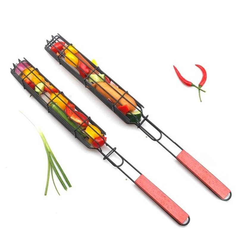 Шашлыки барбекю Kabob Гриль Корзина Стойка с деревянной ручкой Открытый Пикник