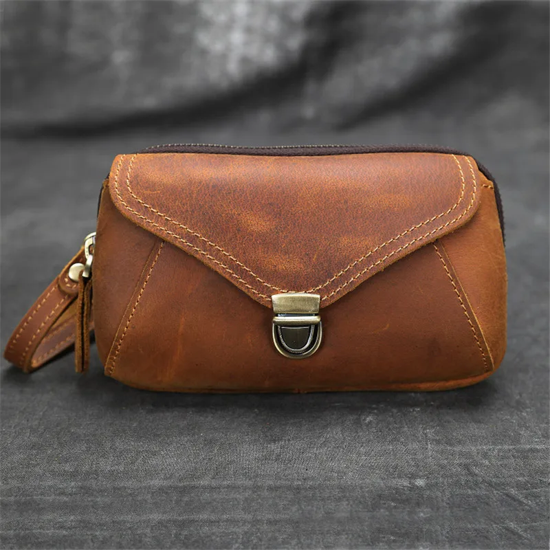 

Retro fashion natural genuine leather men's mini waist bag daily outdoor leisure real cowhide Snap mobile phone brown clutch