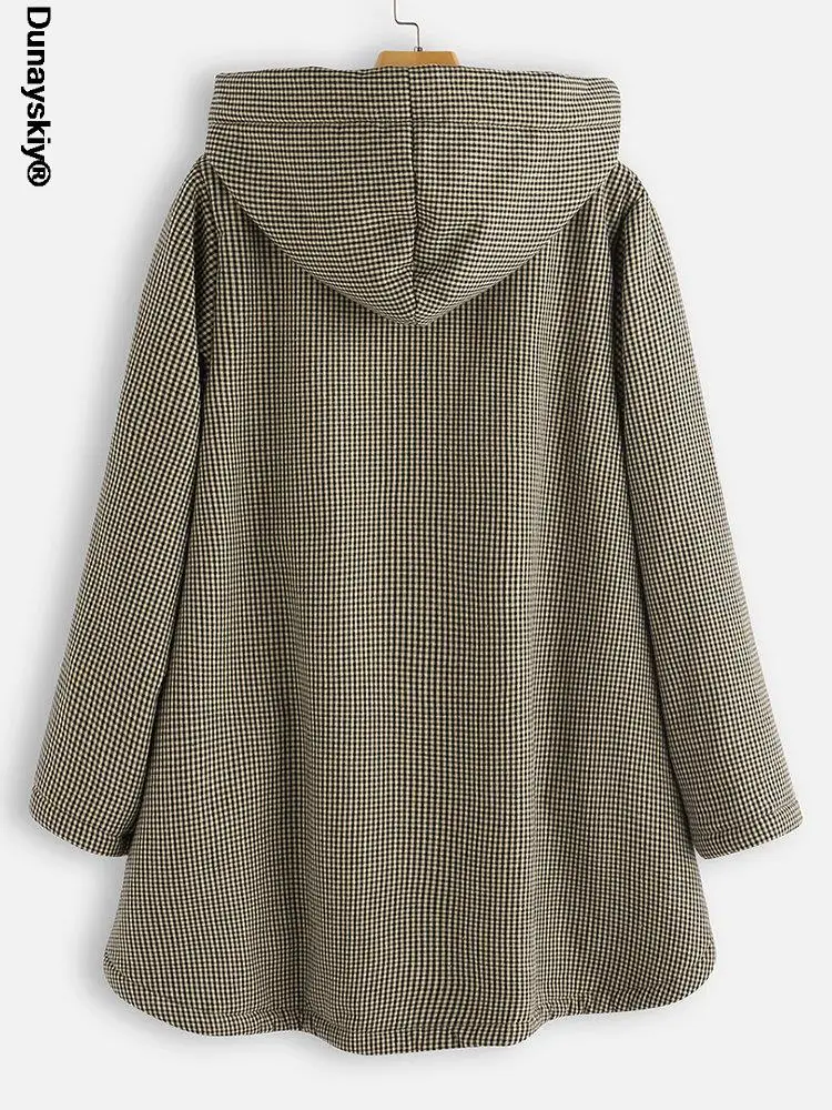 Coat Autumn And Winter New Women's Plaid Loose Plus Velvet Buttons High Street Hooded Jacket Manteau Femme | Женская одежда