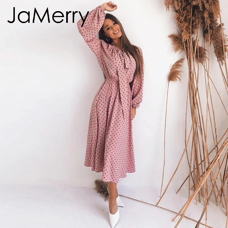 Женское винтажное платье в горошек JaMerry Розовое свободное Вечернее Платье макси