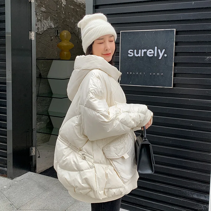 

Женский пуховик средней и большой длины, плотный теплый однотонный пуховик с капюшоном и карманами на белом утином пуху, зима 90%