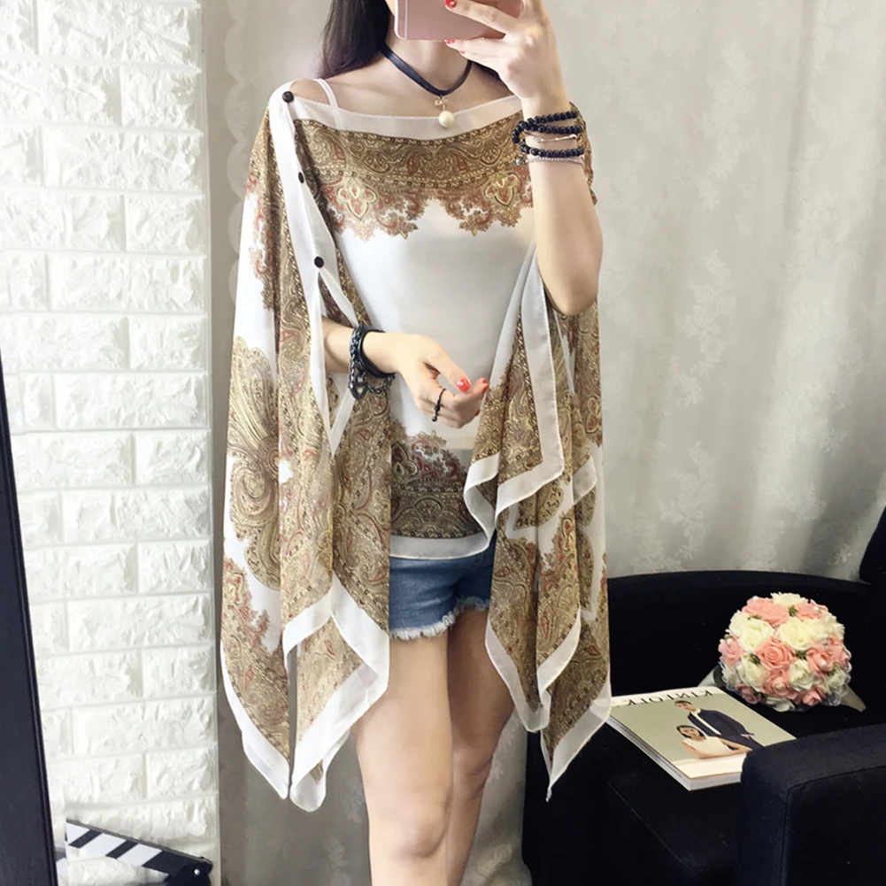 

Summer Woman Long Sleeve Fabala Shirts Cover Ups Plus Size Shawl 10-color Sunscreen Flower Chiffon Thin Sun Protection Shawl