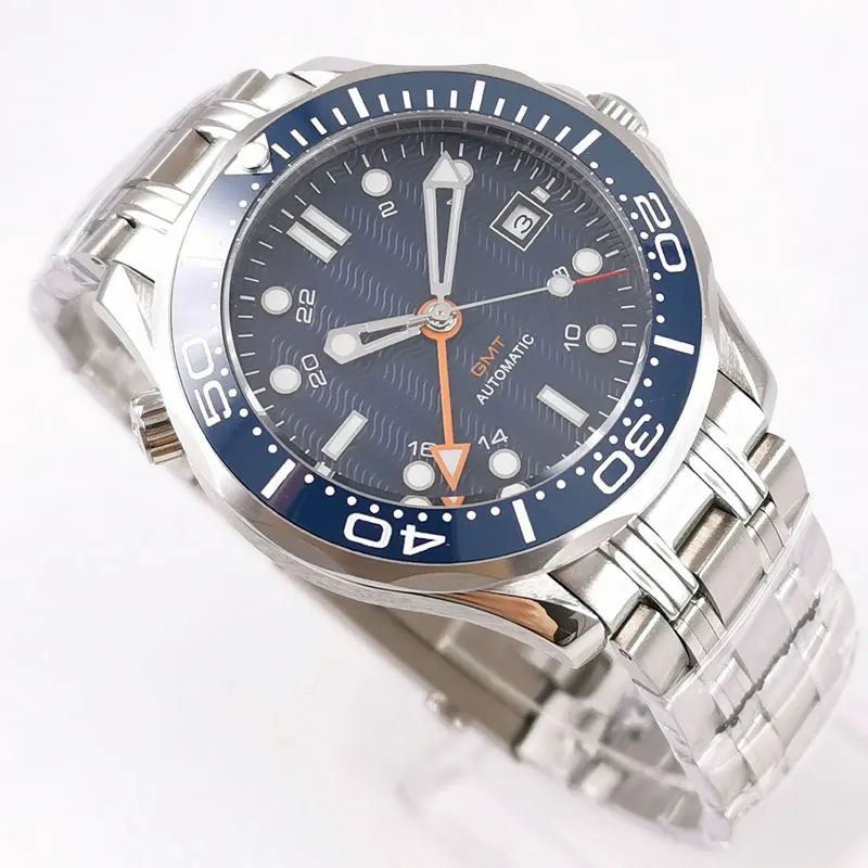 

41mm Luxury Mechancial Men Watch Sapphire Glass transparent back Movement Steel Band Ceramic Bezel Date Function