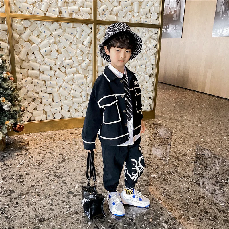 

Children's suit boys cartoon two-piece suit 2021 spring lapel shirt casual suit