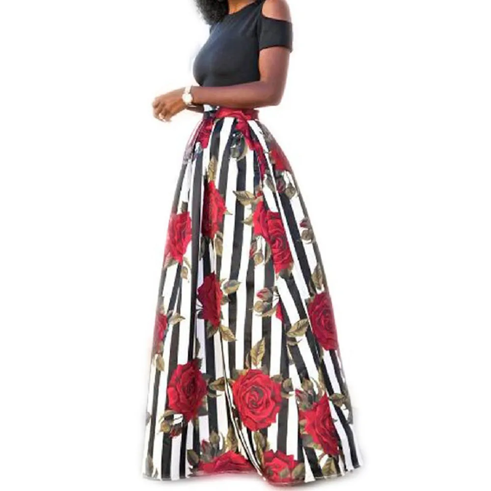 Женский летний комплект с юбкой в полоску и цветочным принтом размера плюс из