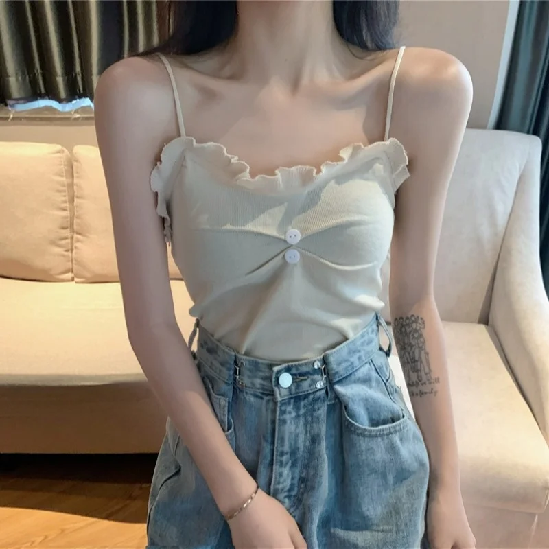

Beauty Back Vest Hot Wooden Ear Knitted Pleated Suspender T-shirt Inner Wear Women's Summer Off-shoulder Tube Top