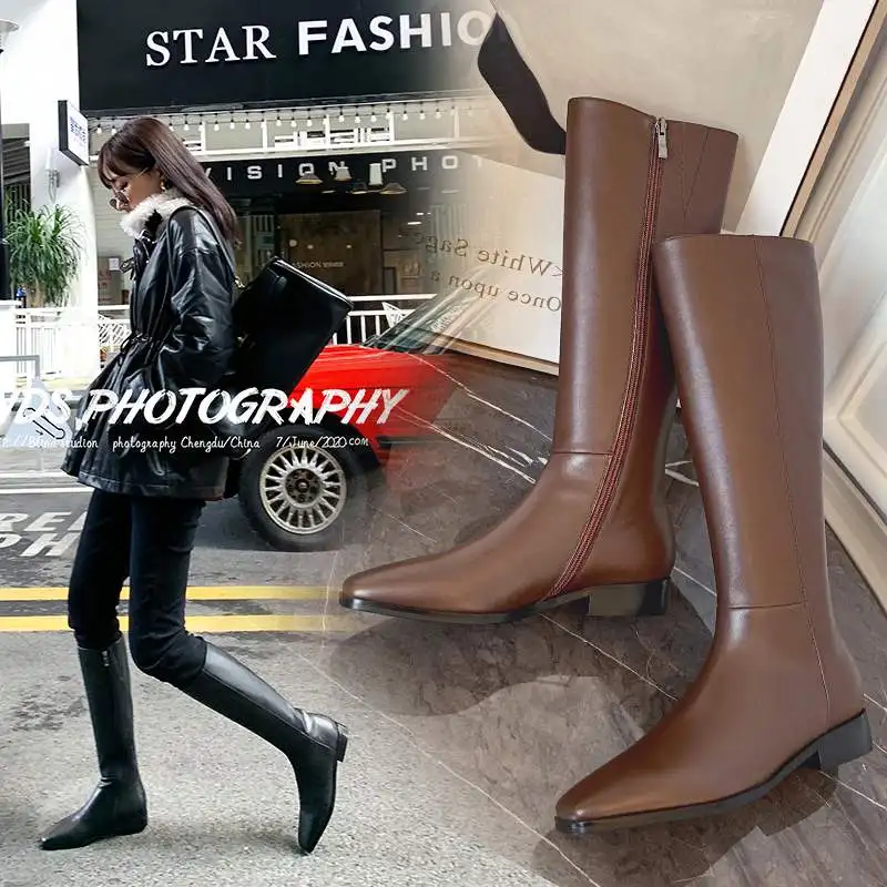 

Krazing Pot high quality cow leather square toe zipper low heel winter shoes riding mature lady runway party knee-high boots L20