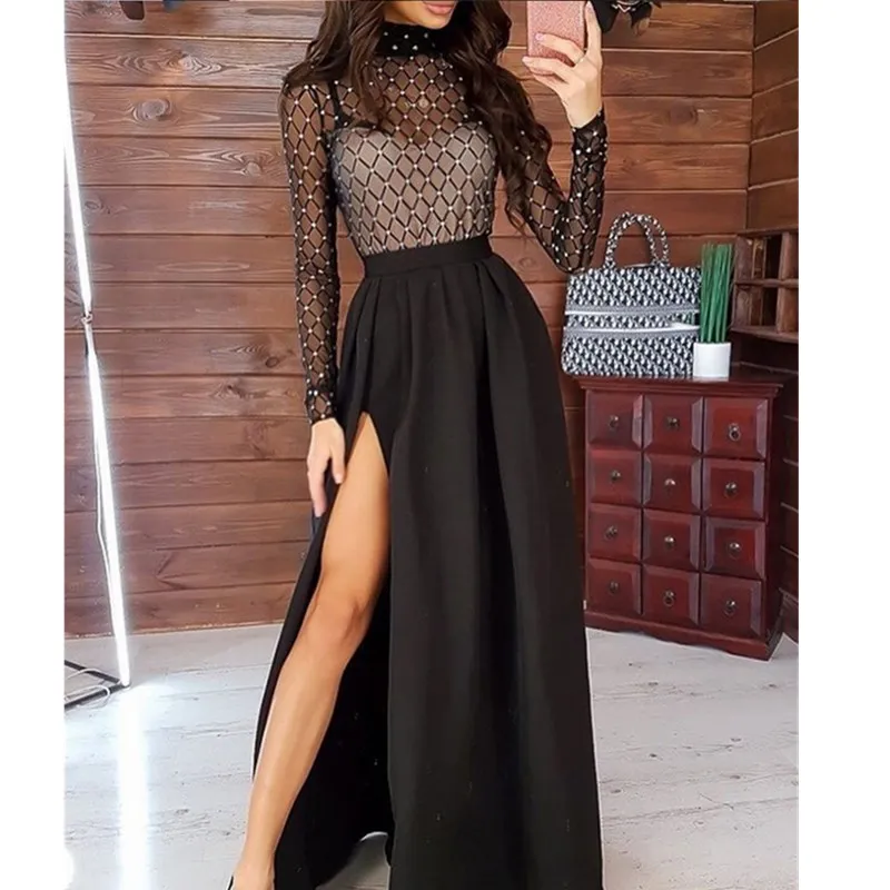 Винтажное женское платье модное прозрачное Сетчатое стразы Бандажное длинное с
