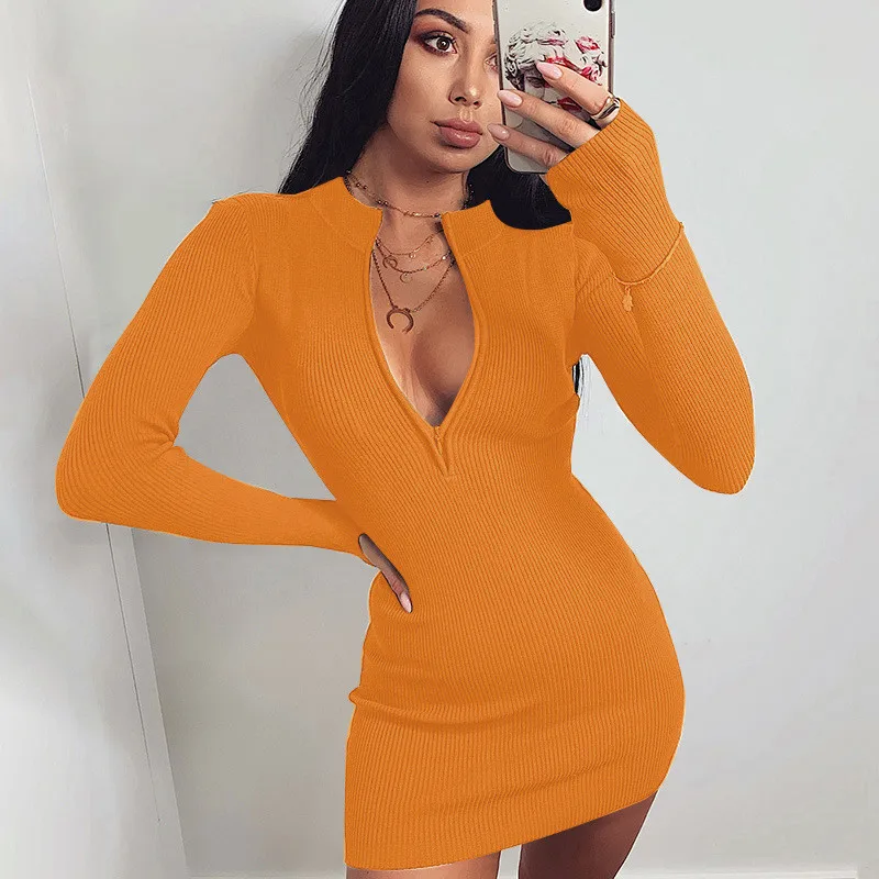 

Women Winter Fall Bodycon Ribbed Dress 2021 New Stand Collar Zipper Deep V-neck Solid Stretch Bodycon Pencil Party Mini Vestido