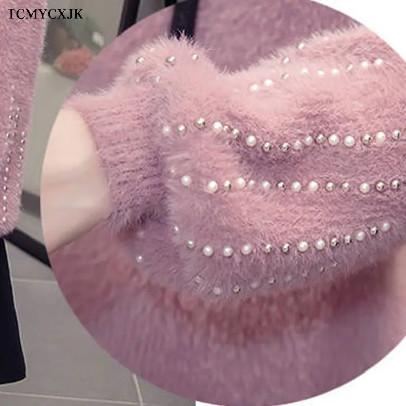 

2021 New Imitation Mink Velvet Thick Sweater Womens Beaded Half Turtleneck Pullover Bottoming Sweater Autumn Winter Knit Sweater