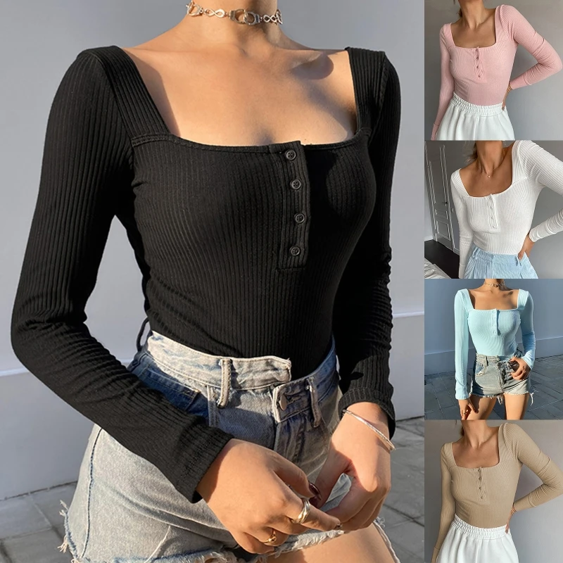 

Women Autumn Long Sleeve Ribbed Knit Bodysuit Sexy Square Neck Buttons Bodycon Leotard Solid Color Basic Playsuit Top Streetwear