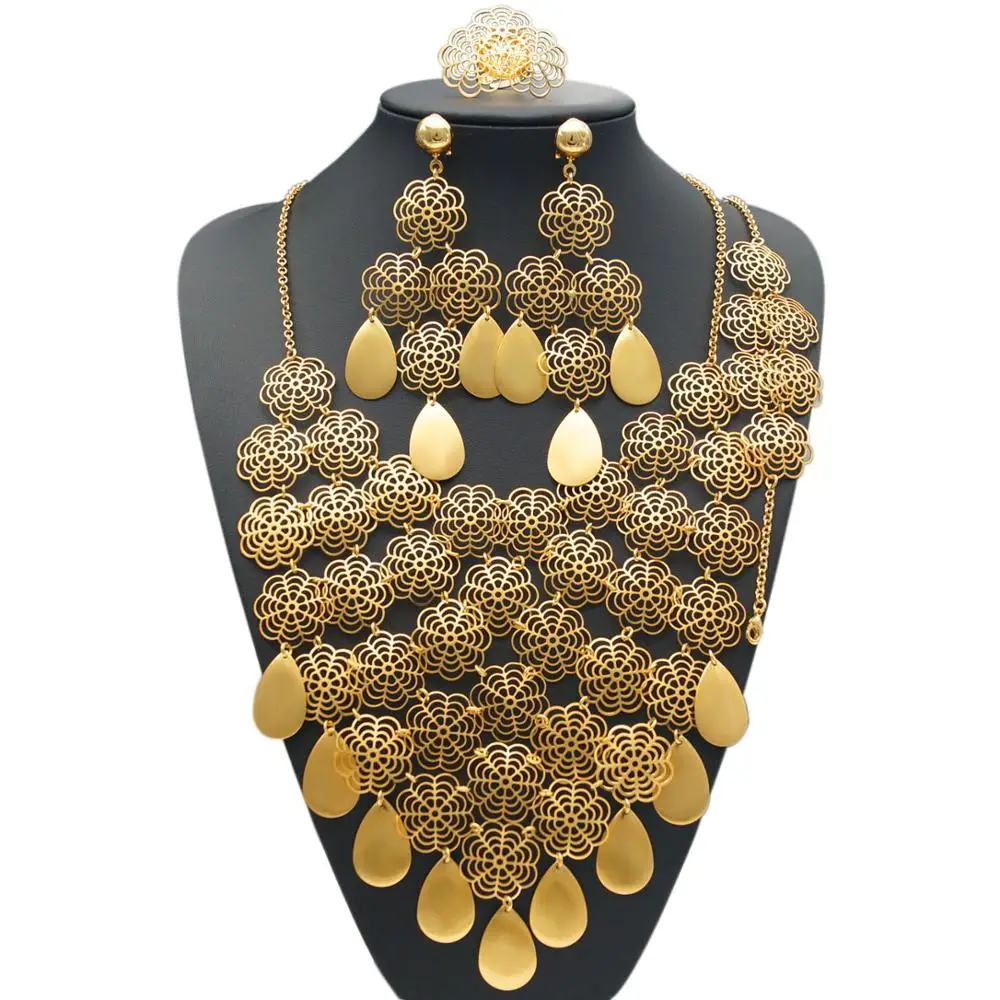 Yulaili классический стиль смешанные цветы и листья дизайн Большая подвеска ожерелье серьги браслет Кольцо Дубай золотые ювелирные наборы