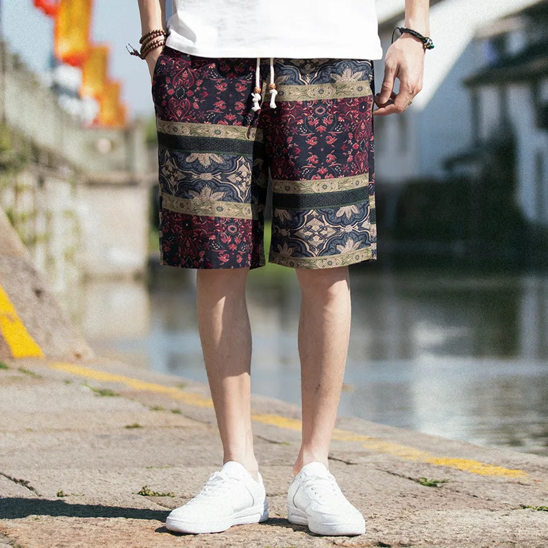 

Plus size men shorts summer ethnic style linen casual shorts knee length pants beach shorts fashion drawstring men board shorts
