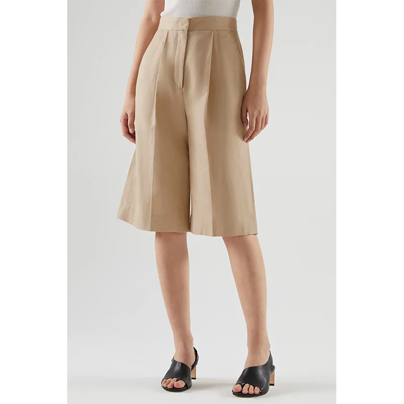 

Women High-Waist Wide Leg Knee-Length Pants 2021 New Office Wear Straight Bottom Casual Elegant Shorts with Pockets