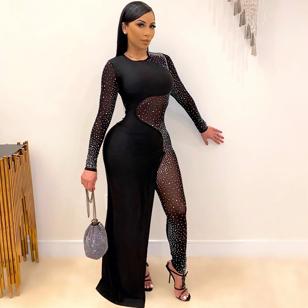 

Luxury Rhinestone Sparkly Culotte Jumpsuit Women Mesh Sheer Long Sleeve Romper Sexy Birthday Nightclub Bodycon Party Overalls