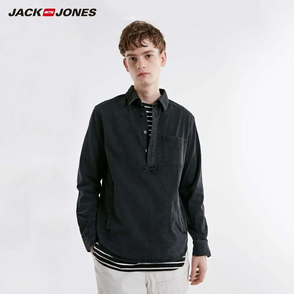 Мужская джинсовая рубашка JackJones свободная Базовая с отложным воротником и