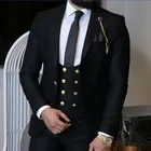 Красивый черный комплект из 3 предметов Костюмы для жениха Мужские свадебные костюмы пиджаки индивидуальный заказ золотыми пуговицами куртка + двубортный жилет + штаны для детей