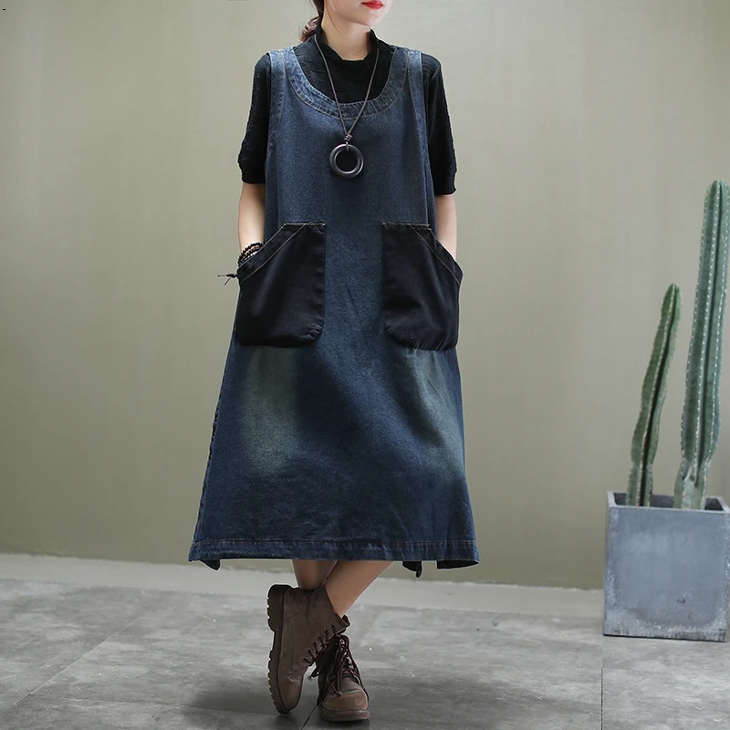 Женский джинсовый жилет однотонное длинное платье большого размера с большими