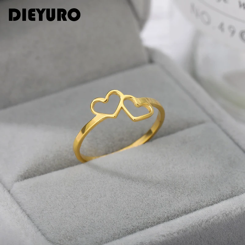 

DIEYURO 316L Stainless Steel Double Hollow Love Heart Ring For Women 2021 Popular Exquisite Gift For Lovers Anti-allergy Kольц