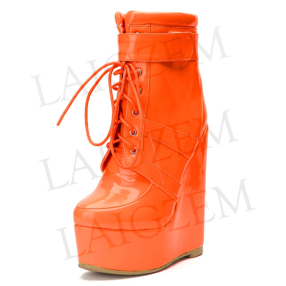 LGZ86 Orange LAIGZEM СУПЕР Ёенщин Лодыёки сапоги платформы клин сапоги дамы участник клуб БЛЕСТЯЩИй прожектор каблуки обувь ЁЕНЩИНа круглый носок малый ботильоны женские ботинки женские женские туфли большой размер 34-47 - Цвет: LGZ86 Orange