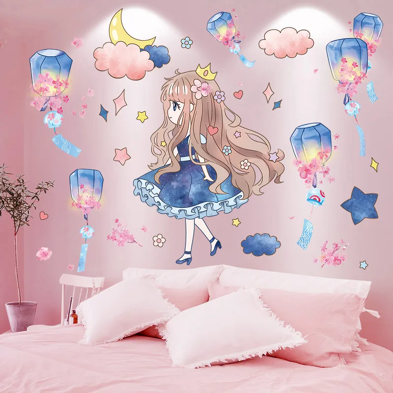 

[shijuekongjian] Kong Ming Lantern Wall Stickers DIY Cartoon Girl Mural Decals for Living Room Kids Bedroom Home Decoration