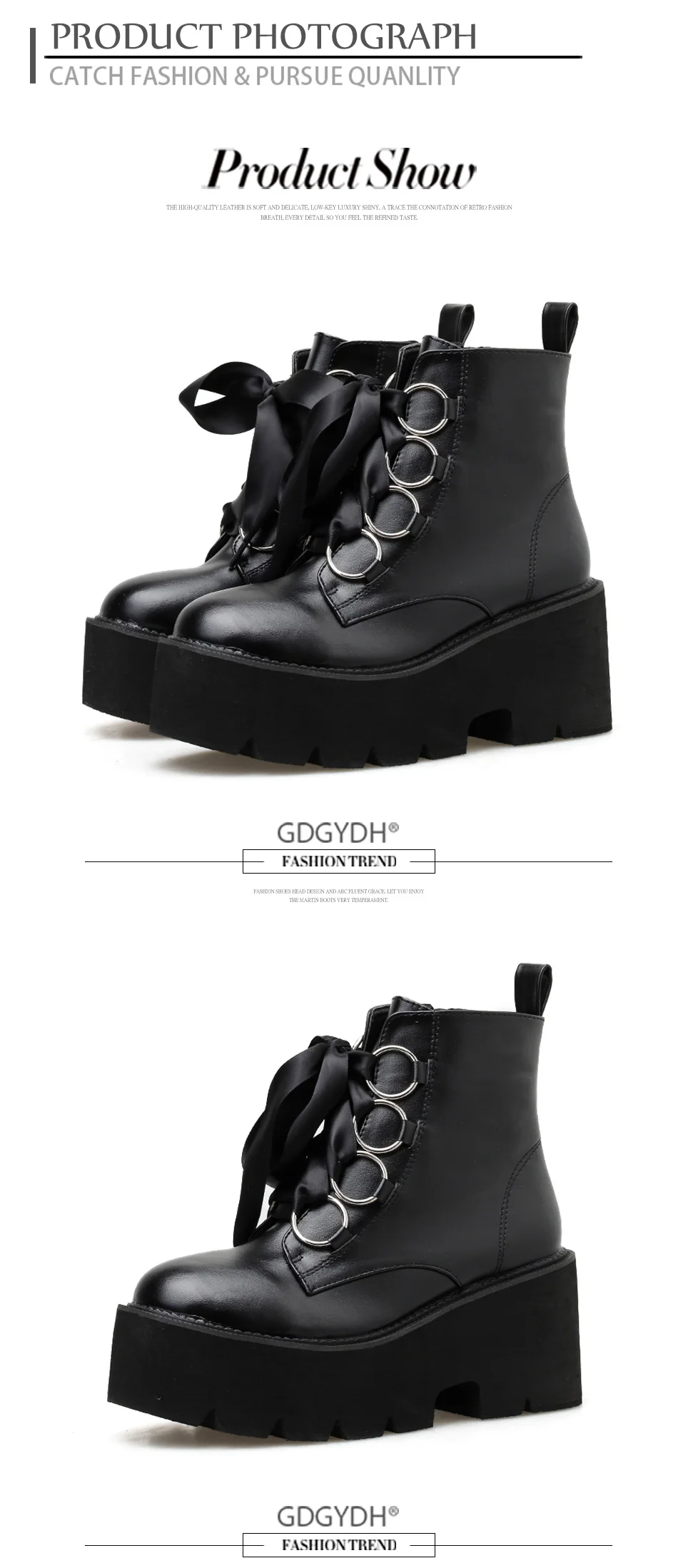 Gdgydh Autumn New Women Ankle Boots Round Toe Lace-up Platform Short Boots Female PU Soft Leather Black Boots Drop Shipping