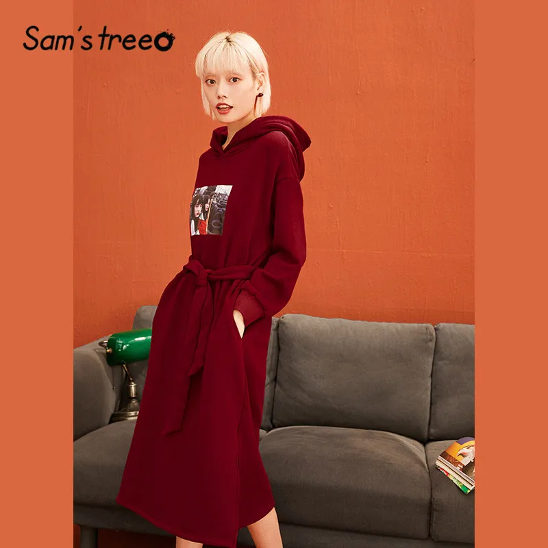 SAM'S TREE красное однотонное платье с капюшоном и принтом с героями мультфильмов для женщин зимнее зеленое повседневное свободное офисное Повседневное платье с поясом