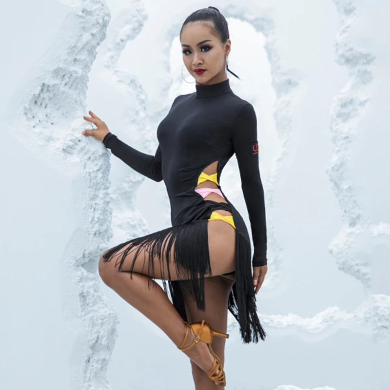 Латинское танцевальное платье женское взрослое Румба ча-ча Samba представление одежда с длинными рукавами пикантные с разрезом сбоку кисточкой юбка женская одежда для тренировок DN4209