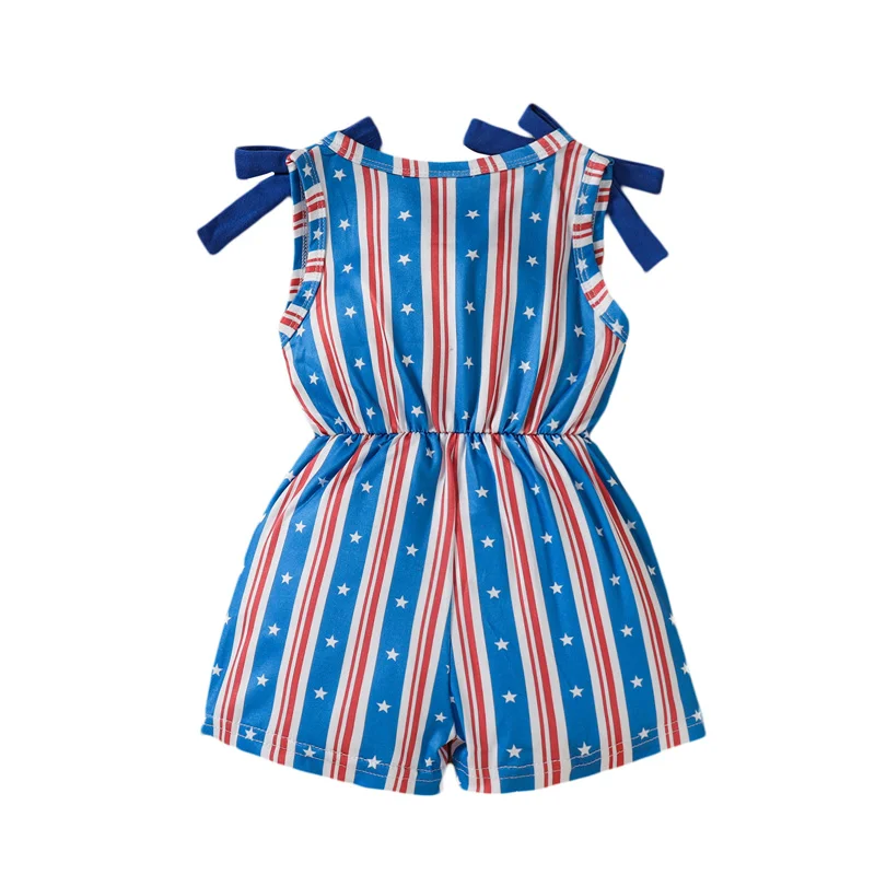 

Baby Girls Summer Jumpsuit Toddlers Stripe Star Printing Sleeveless Bow Decoration Siamese Trousers Infants Casual Clothing