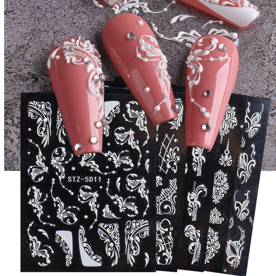 8 шт./компл. белые кружевные наклейки для дизайна ногтей 5D рельефные цветы зимние
