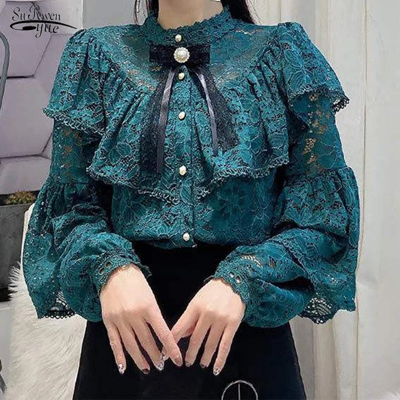 

Elegant Bow Ruffle Tops Casual Solid Shirt Cardigan Autumn Sexy Lace Hollow Out Lantern Long Sleeve Blouse Chemisier Femme 12262