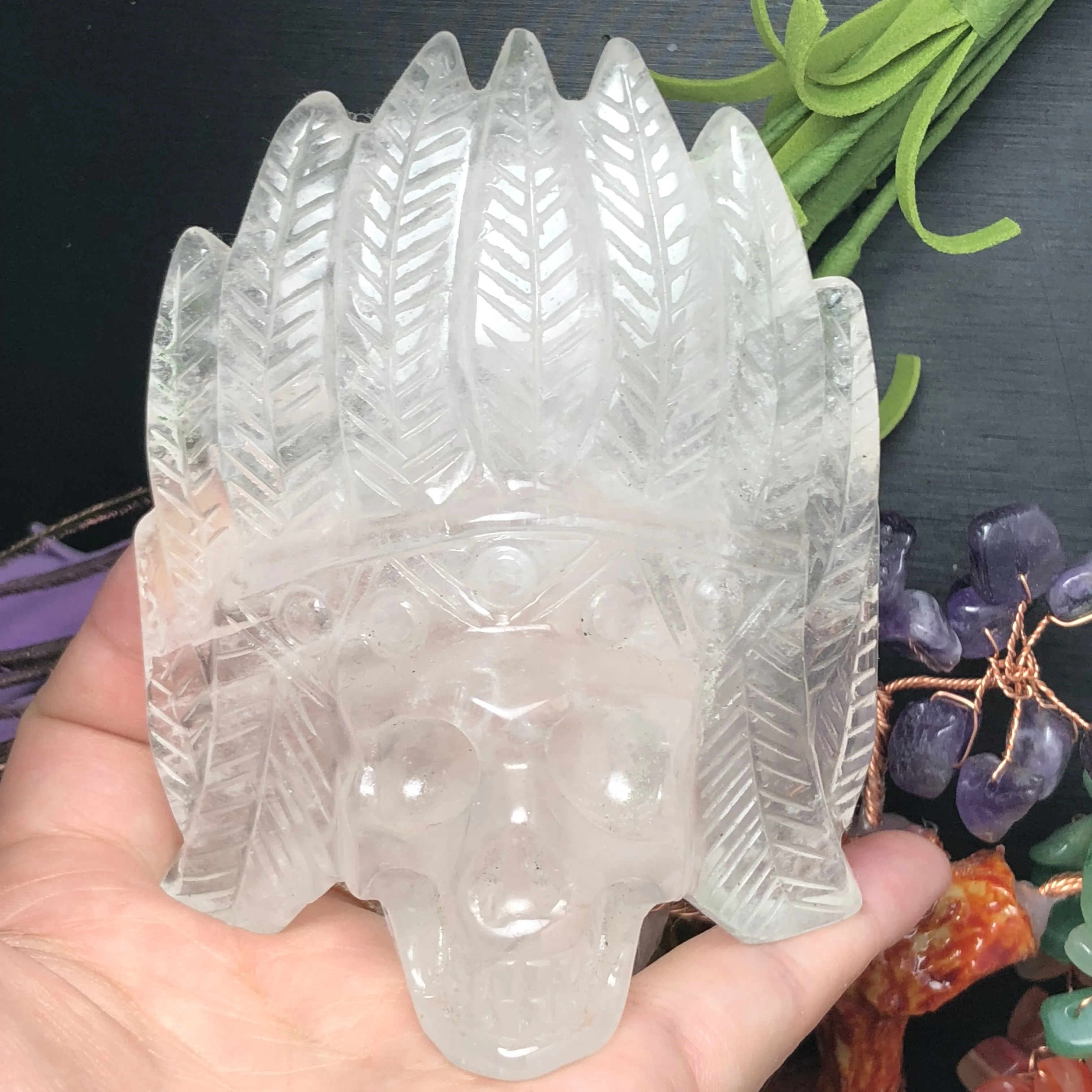 Натуральный кристалл резьба череп с пламенем превосходное ремесло уникальные